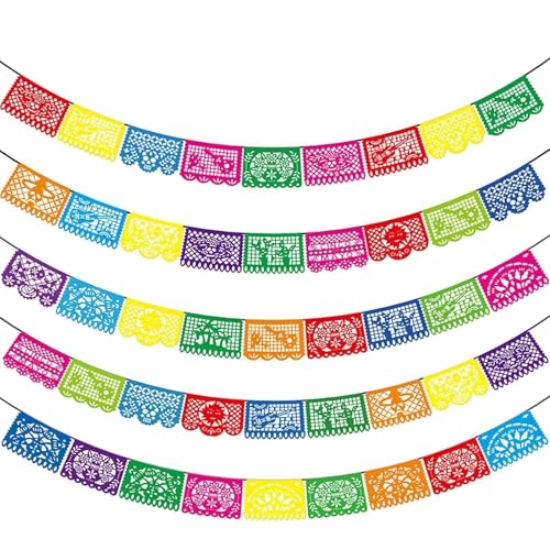 Asoulin 5PCS Mexican Party Decorations, 90FT Plastic Papel Picado Banner, Fiesta Party Decoration, Dia De Los Muertos, Day of The Dead Decorations, Cinco De Mayo Decor, Mexico Birthday Party Supplies - Image 1