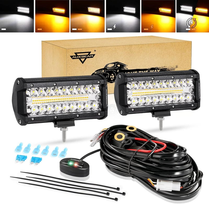أوكسبيم شريط إضاءة أوكسيم LED مقاس 7 بوصات، 300 واط، 6 أوضاع إضاءة ريفية صفراء وبيضاء، مصابيح أمامية LED للقيادة والعمل المركزة مع مجموعة أسلاك للشاحنات، السيارات، البيك أب، ATV، جيب، القوارب، عربات الجولف (عبوتان). - Image 1