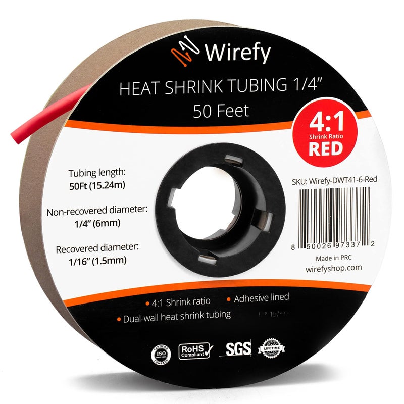 Wirefy Wirefy 1/4" Heat Shrink Tubing - 4:1 Ratio - Adhesive Lined - Marine Grade Heat Shrink - 50 Feet Roll - Red  - Image 1