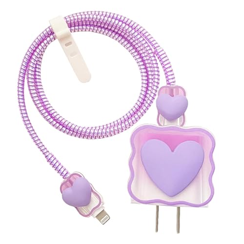 INEFABLE Charger Case Cover Protector with 3D Cute Pattern for iPhone Charger only 18W & 20W, Data Charging Cable Wire Saver Protective Cable Cover Full Protection - Set of 1 (Purple Heart) - Image 1