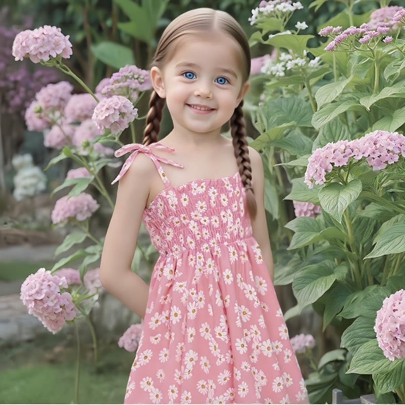 Kumrabal Girls Dresses, Toddler Dress, Little Toddler Girls' Flower Summer Sleeveless Straps Pink with Daisy Printed Princess Dresses,Backless Cute Holiday Beach Sundress for Kids - Image 2