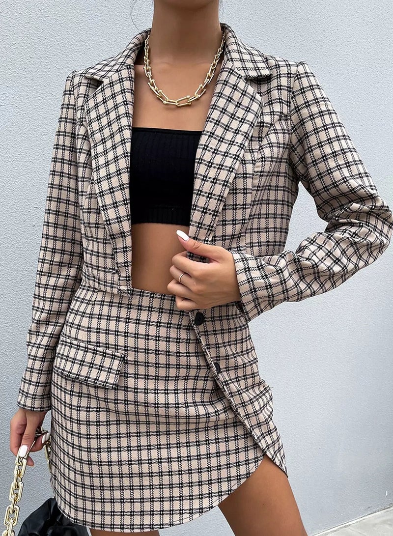 Plaid Print Single Button Blazer & Button Front Wrap Skirt - Image 1
