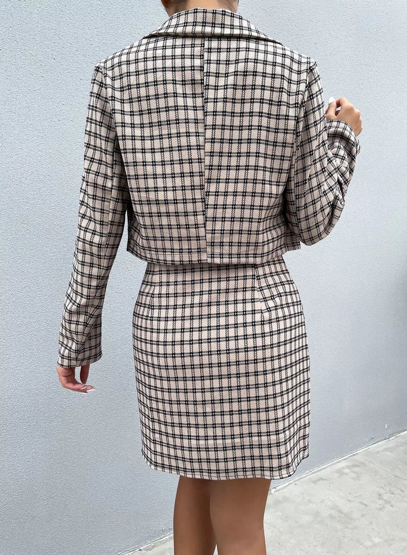 Plaid Print Single Button Blazer & Button Front Wrap Skirt - Image 2