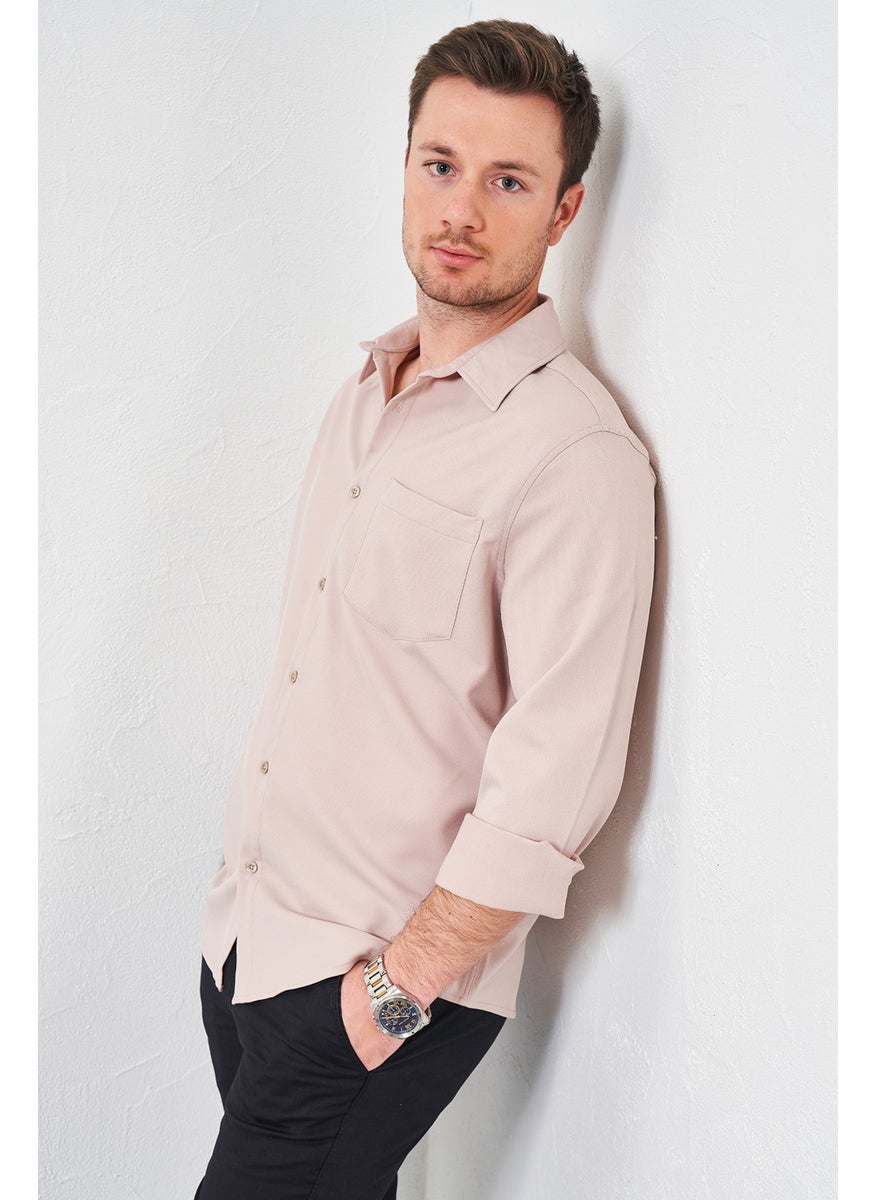 Tena Men's Stone Long Sleeve Single Pocket Lacoste Fabric Shirt  - Image 1