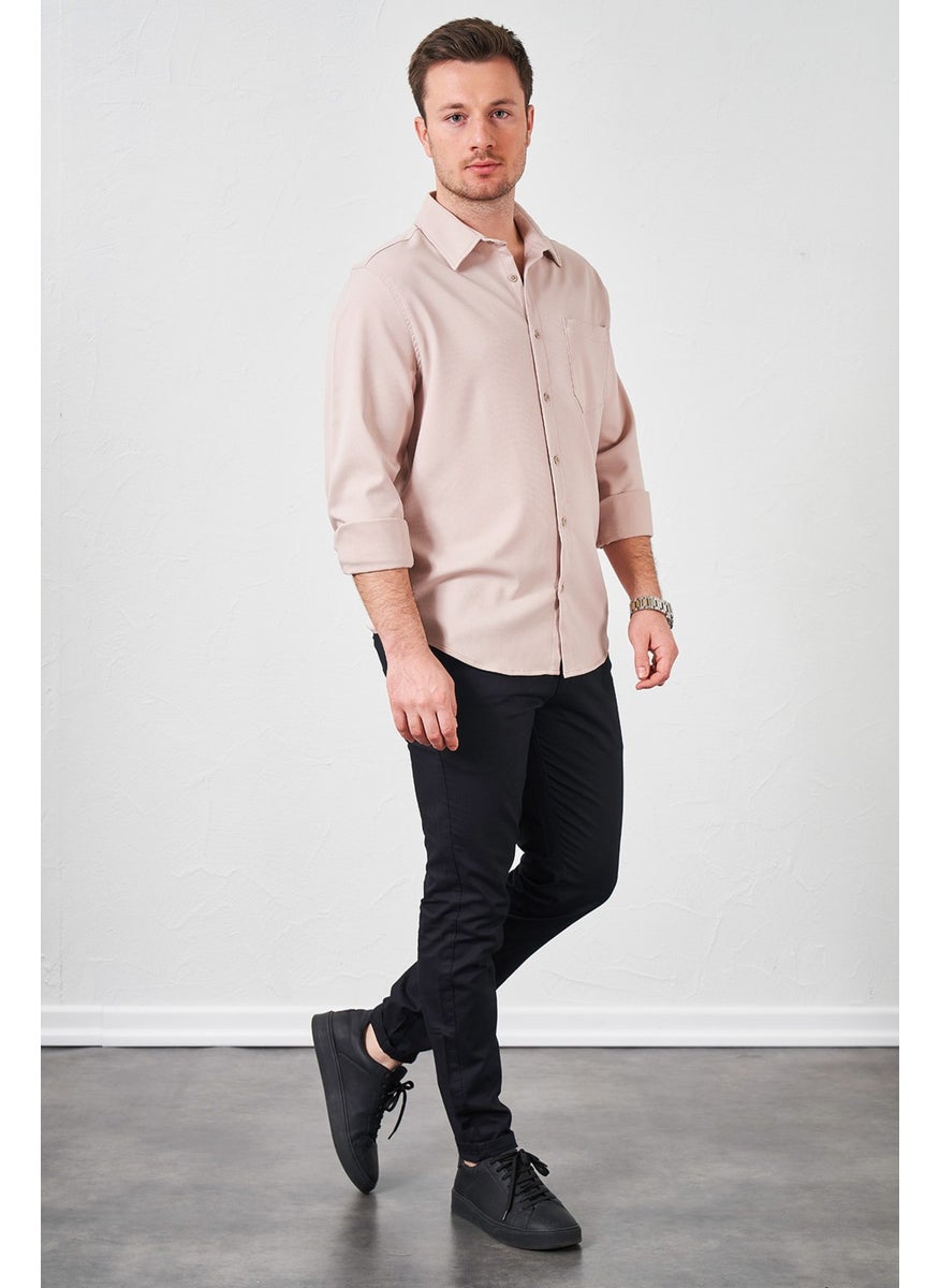 Tena Men's Stone Long Sleeve Single Pocket Lacoste Fabric Shirt  - Image 5
