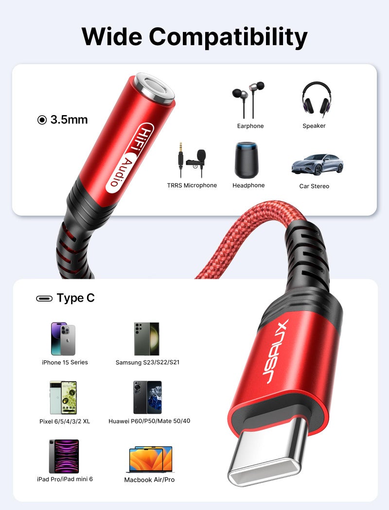 jsaux محول جاك سماعة رأس أنثوي USB Type C إلى 3.5 مم من JSAUX، كابل دنجلي صوتي USB C إلى Aux متوافق مع iPhone 15 Pro Max/15 Pro/15 Plus، Samsung Galaxy S23/S22/S21 Ultra، iPad Pro، Pixel - أحمر - Image 5