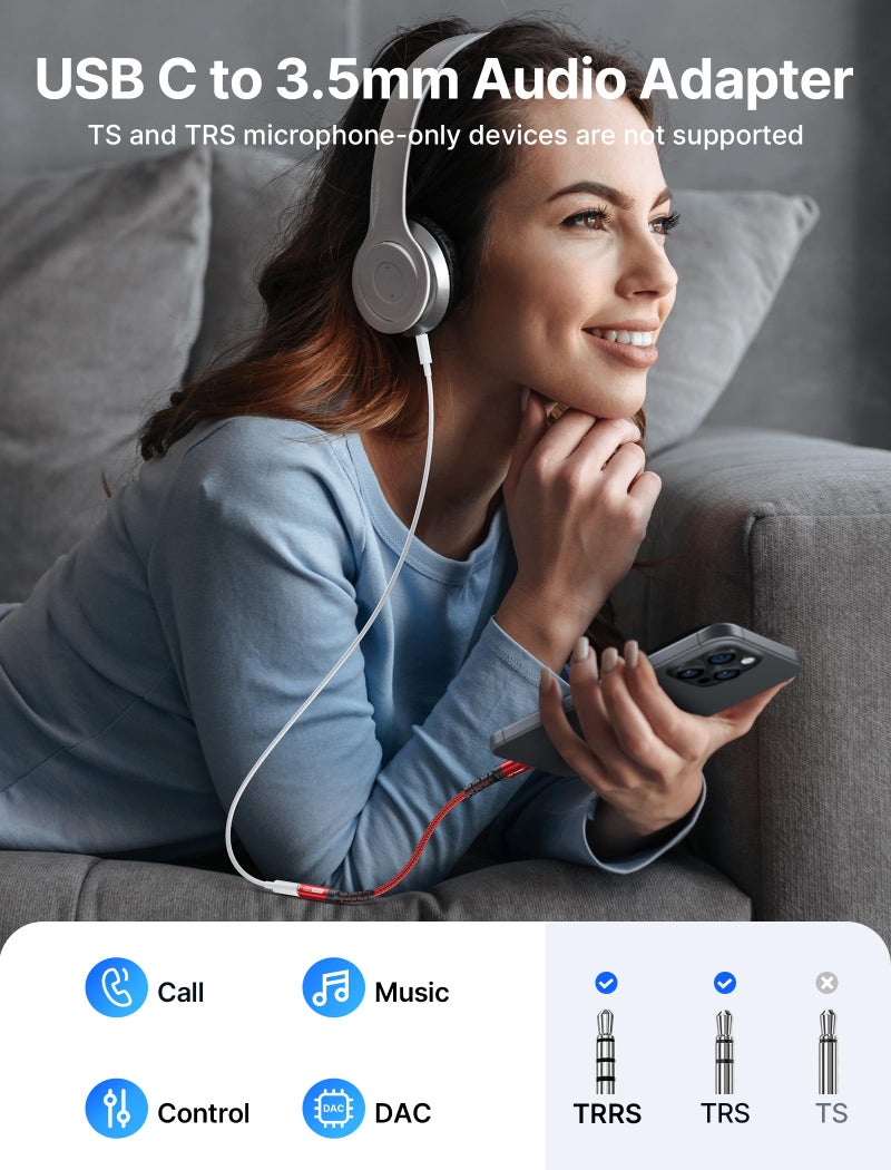 jsaux محول جاك سماعة رأس أنثوي USB Type C إلى 3.5 مم من JSAUX، كابل دنجلي صوتي USB C إلى Aux متوافق مع iPhone 15 Pro Max/15 Pro/15 Plus، Samsung Galaxy S23/S22/S21 Ultra، iPad Pro، Pixel - أحمر - Image 2