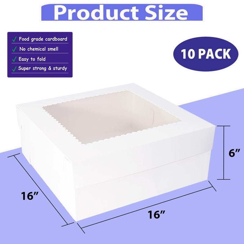 JJO Cake Boxes with Window 16x16x6 Inch 10 Pack,White Bakery Boxes,Large Cake Carrier,Birthday Cake Carrier,Disposable Cake Containers for Brownie,Pastries,Cheesecake - Image 2