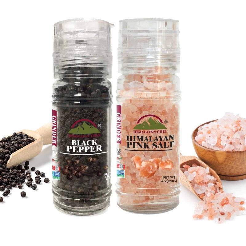 Himalayan Chef Pink Salt & Black Pepper Refillable Glass Grinder, User Friendly, and Easy-to-Use Design - Vegan & Kosher Certified, Idle for Cooking & Seasoning | set of 2 - Image 1