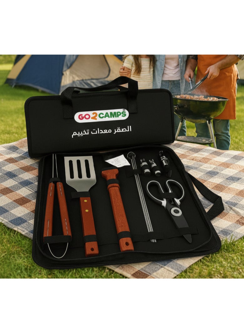 GO2CAMPS 12 PCS Premium BBQ Grill Tool Set with wooden Handle & Carrying Bag â€“ Stainless Steel Barbecue Accessories Kit with Wooden Handles â€“ Includes Spatula, Scissor, Tongs, Fork, Brush, Skewers, Shears, Corkscrew & More â€“ Outdoor Grilling Gift Set for Camping, Garden and Desert Picnic & Backyard BBQ Parties and Events - Image 2