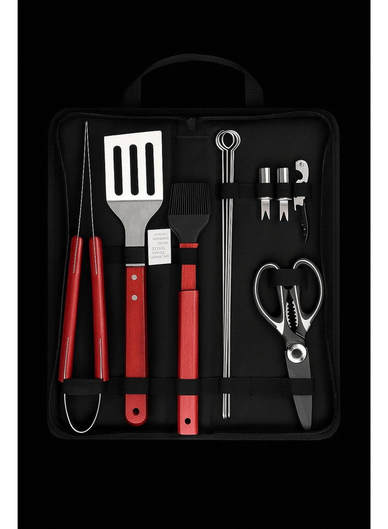 GO2CAMPS 12 PCS Premium BBQ Grill Tool Set with wooden Handle & Carrying Bag â€“ Stainless Steel Barbecue Accessories Kit with Wooden Handles â€“ Includes Spatula, Scissor, Tongs, Fork, Brush, Skewers, Shears, Corkscrew & More â€“ Outdoor Grilling Gift Set for Camping, Garden and Desert Picnic & Backyard BBQ Parties and Events - Image 5