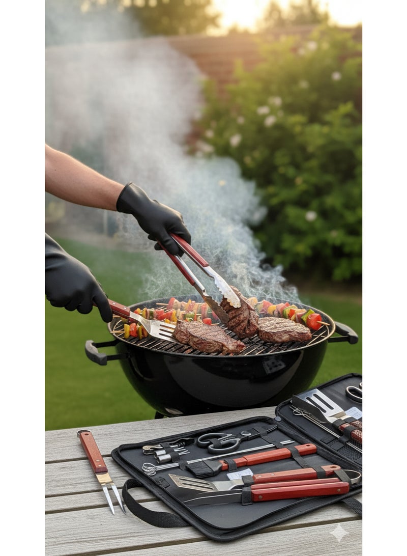 GO2CAMPS 12 PCS Premium BBQ Grill Tool Set with wooden Handle & Carrying Bag â€“ Stainless Steel Barbecue Accessories Kit with Wooden Handles â€“ Includes Spatula, Scissor, Tongs, Fork, Brush, Skewers, Shears, Corkscrew & More â€“ Outdoor Grilling Gift Set for Camping, Garden and Desert Picnic & Backyard BBQ Parties and Events - Image 4