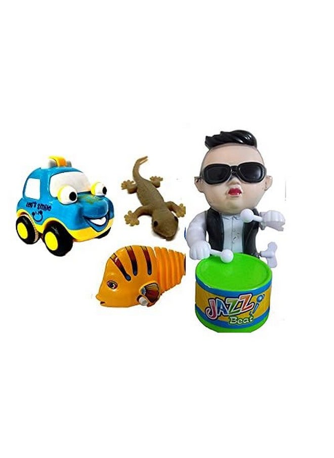 Arsdewy ARSDEWY Combo Set of 4 Different Key Operated Toys, Fish, Lizard, Mini Vehicle, Drummer Boy Toys for Kids/Baby Attractive Colors  - Image 1