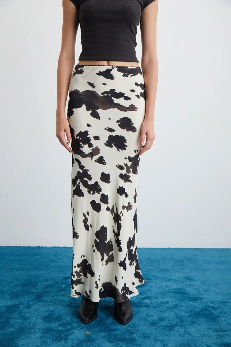GRIMELANGE Esladı Viscose Patterned Long Decorative Elastic Woven Patterned Skirt