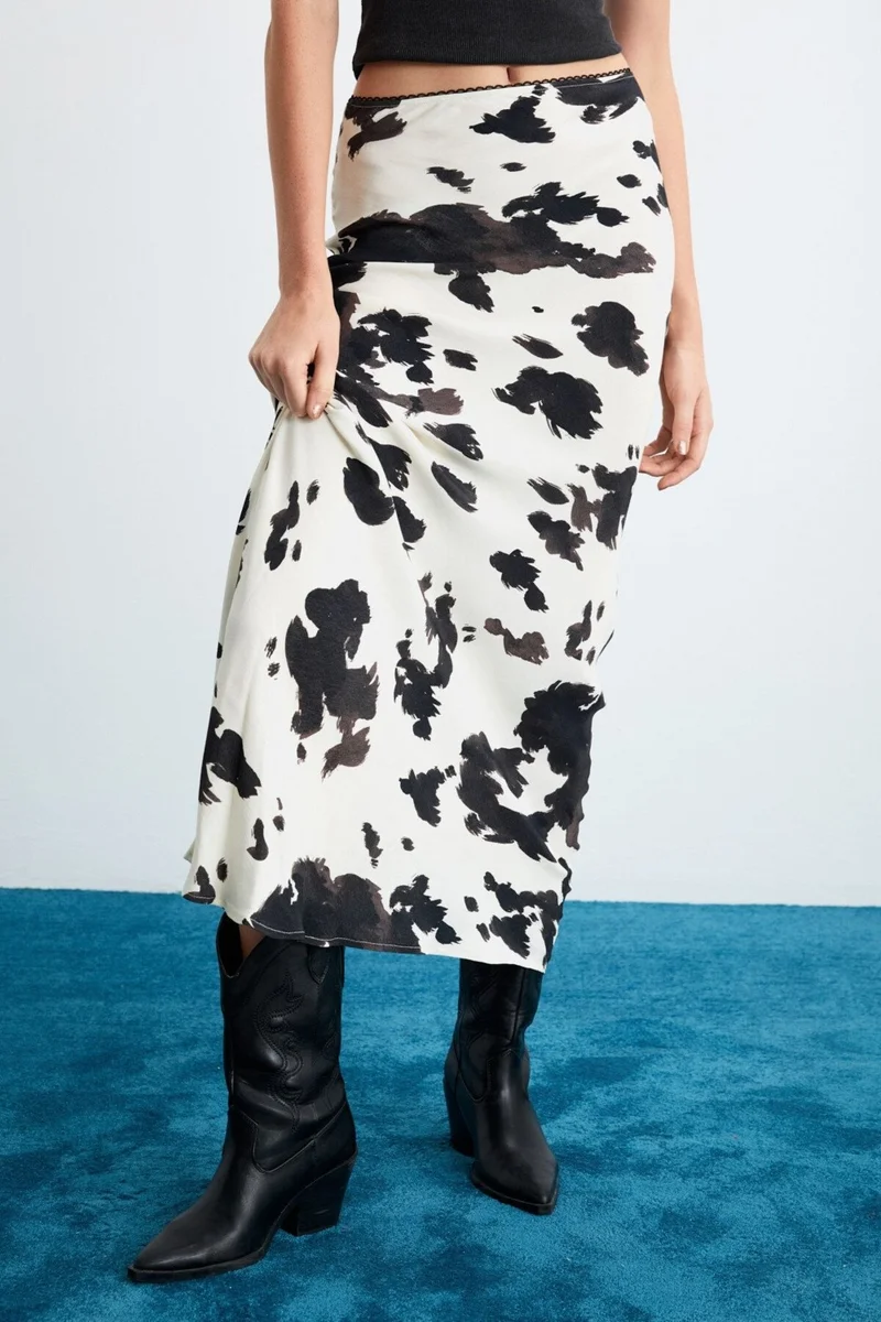 GRIMELANGE Esladı Viscose Patterned Long Decorative Elastic Woven Patterned Skirt