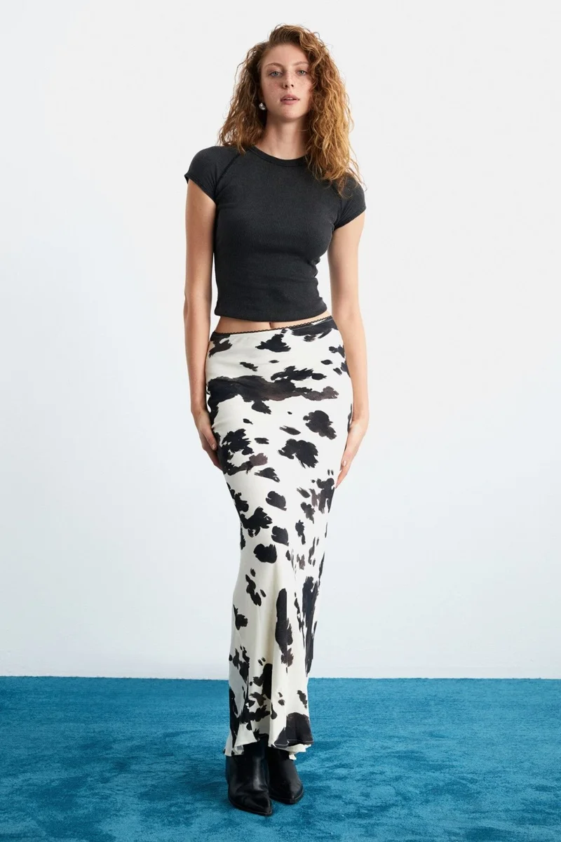 GRIMELANGE Esladı Viscose Patterned Long Decorative Elastic Woven Patterned Skirt
