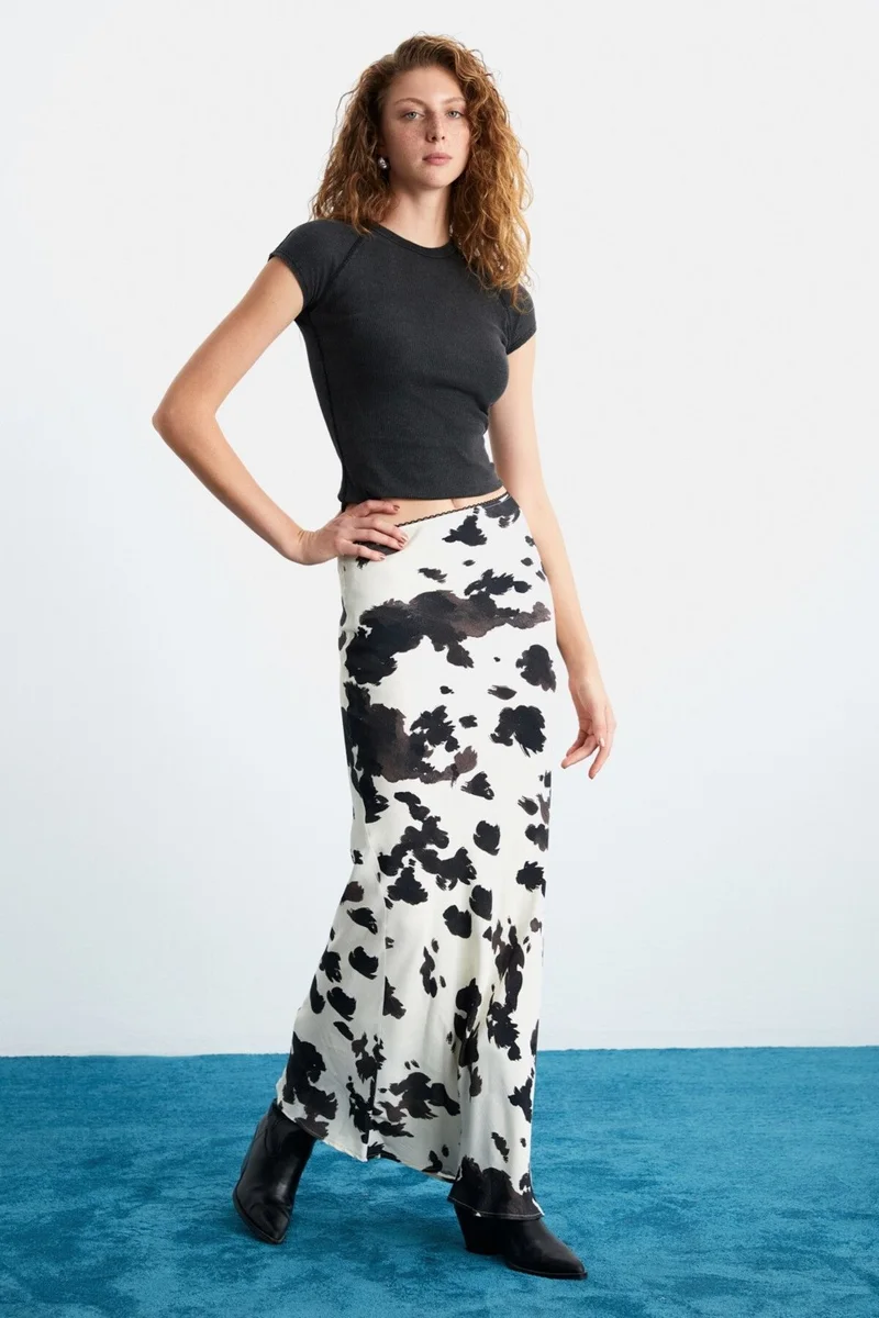 GRIMELANGE Esladı Viscose Patterned Long Decorative Elastic Woven Patterned Skirt