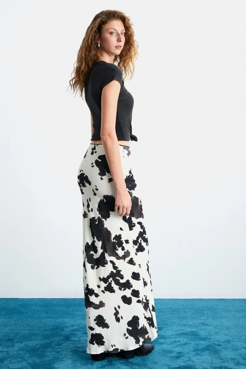 GRIMELANGE Esladı Viscose Patterned Long Decorative Elastic Woven Patterned Skirt