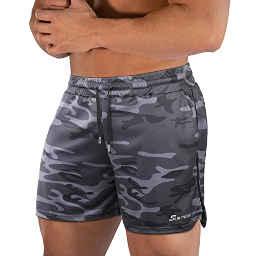 Surenow Mens Running Gym Shorts 3 Inch Breathable Lightweight Athletic Sport Shorts Training Workout Shorts with Pockets Gray Camo - Image 1