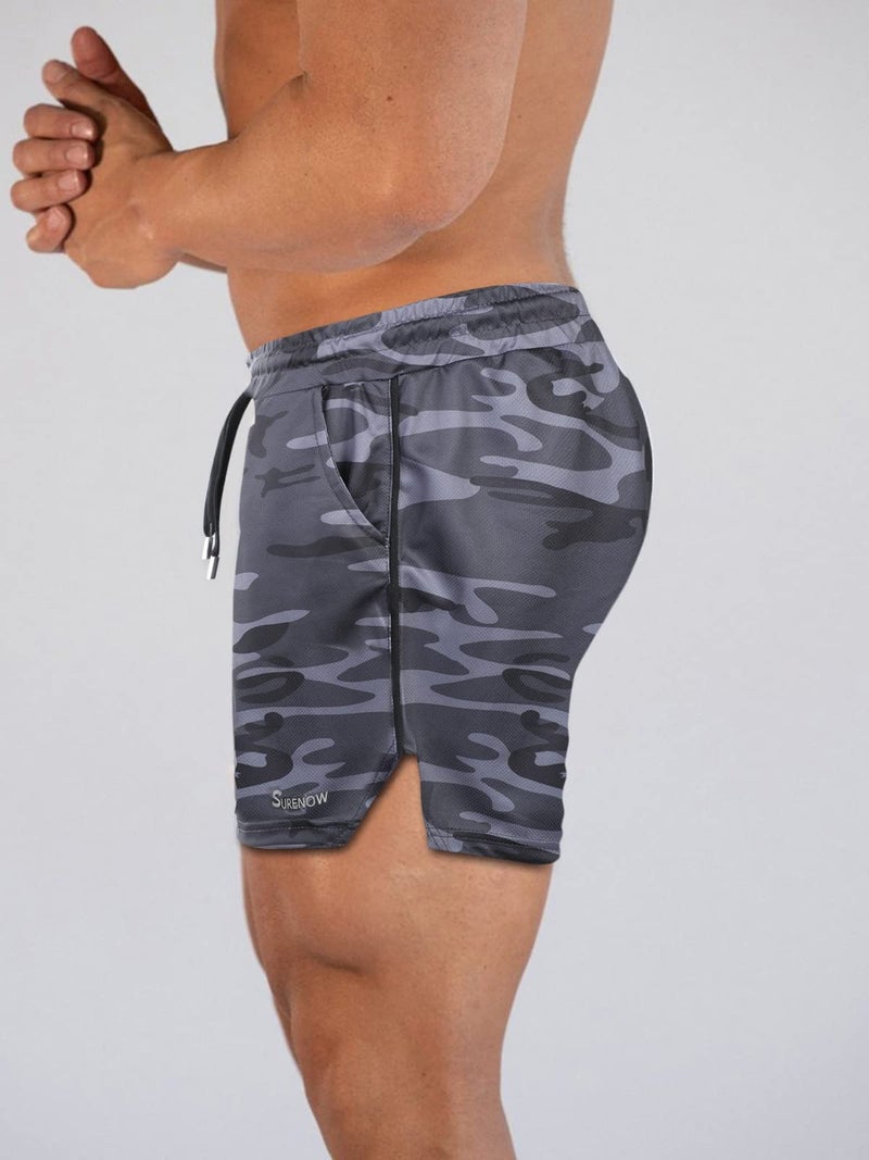 Surenow Mens Running Gym Shorts 3 Inch Breathable Lightweight Athletic Sport Shorts Training Workout Shorts with Pockets Gray Camo - Image 2