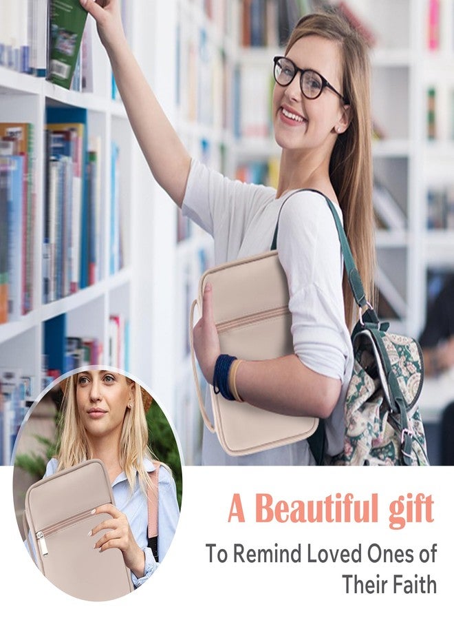 Aburbe Small Bible Cover Case for Women and Men, 9x6 PU Leather Bible Sleeve, Compact Travel Bible Carrier Bag with Front Pen Holders, Zipper Closure, Inner Pockets - Beige - Image 5