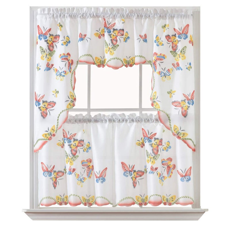GOHD Golden Ocean Home Decor GOHD 3pcs Kitchen CurtainCafe Curtain Set Farmhouse AirBrushed by Hand of Flying Butterfly Design Swag and 24 inches Tiers Set