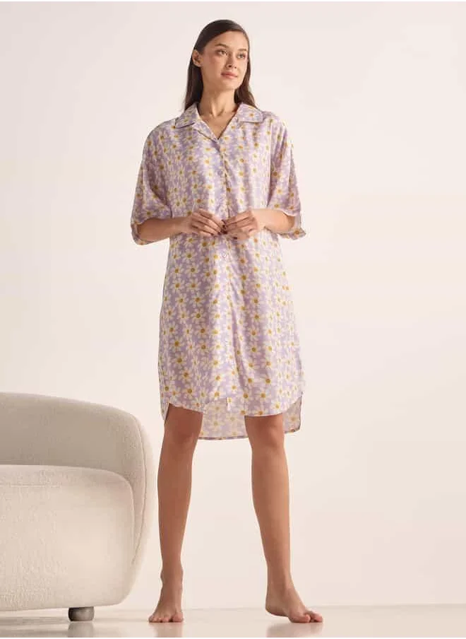 فاف Floral Print Sleepshirt with Collar and Short Sleeves