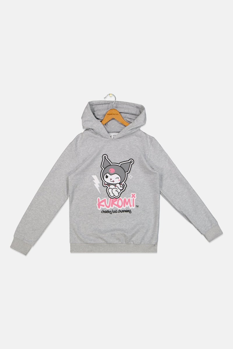 Sanrio هودي طويل الأكمام بطباعة كروماي للبنات، رمادي - Image 2