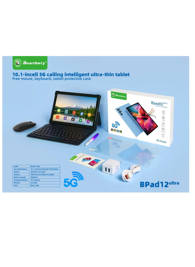 Smartberry - 10.1 -Inch Smart Tablet BPAD12 ULTRA Android 13 Tablet With 512GB Storage and 8GB RAM Quad Core Wi-Fi With Keyboard and Gift Set - BlUE - Image 1