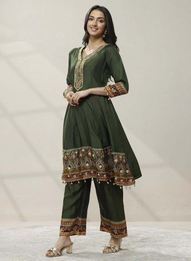 لباس Printed Silk Blend A-Line Kurta, Palazzos And Dupatta Set
