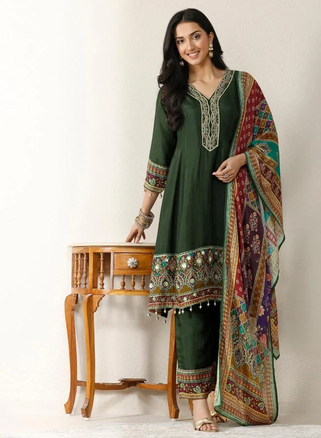 لباس Printed Silk Blend A-Line Kurta, Palazzos And Dupatta Set