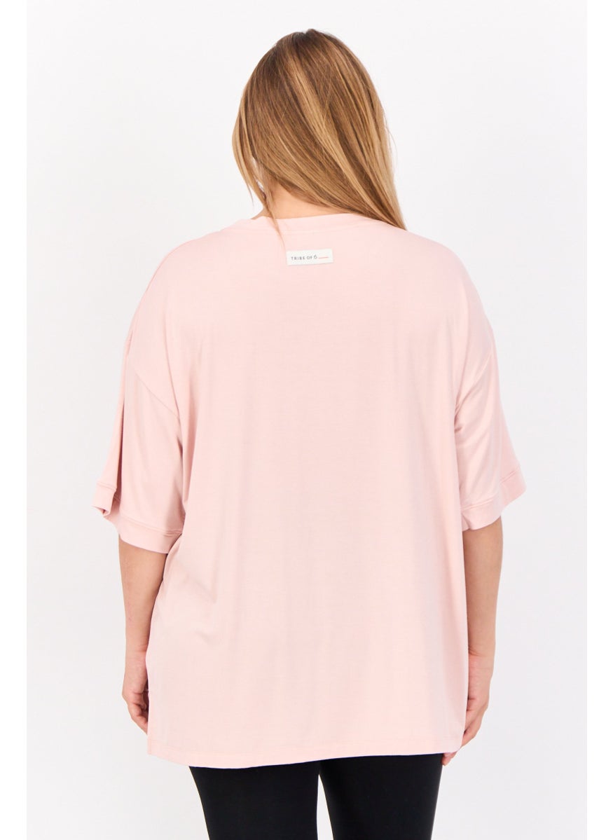 TRIBE OF 6 - Women Round Neck Shorts Sleeves Embroidered Logo T-Shirt, Pink - Image 1