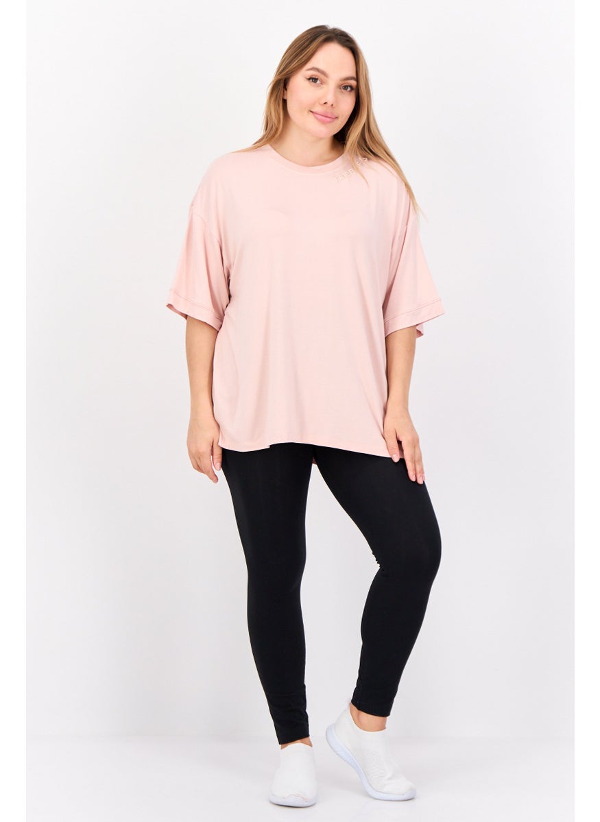 TRIBE OF 6 - Women Round Neck Shorts Sleeves Embroidered Logo T-Shirt, Pink - Image 1