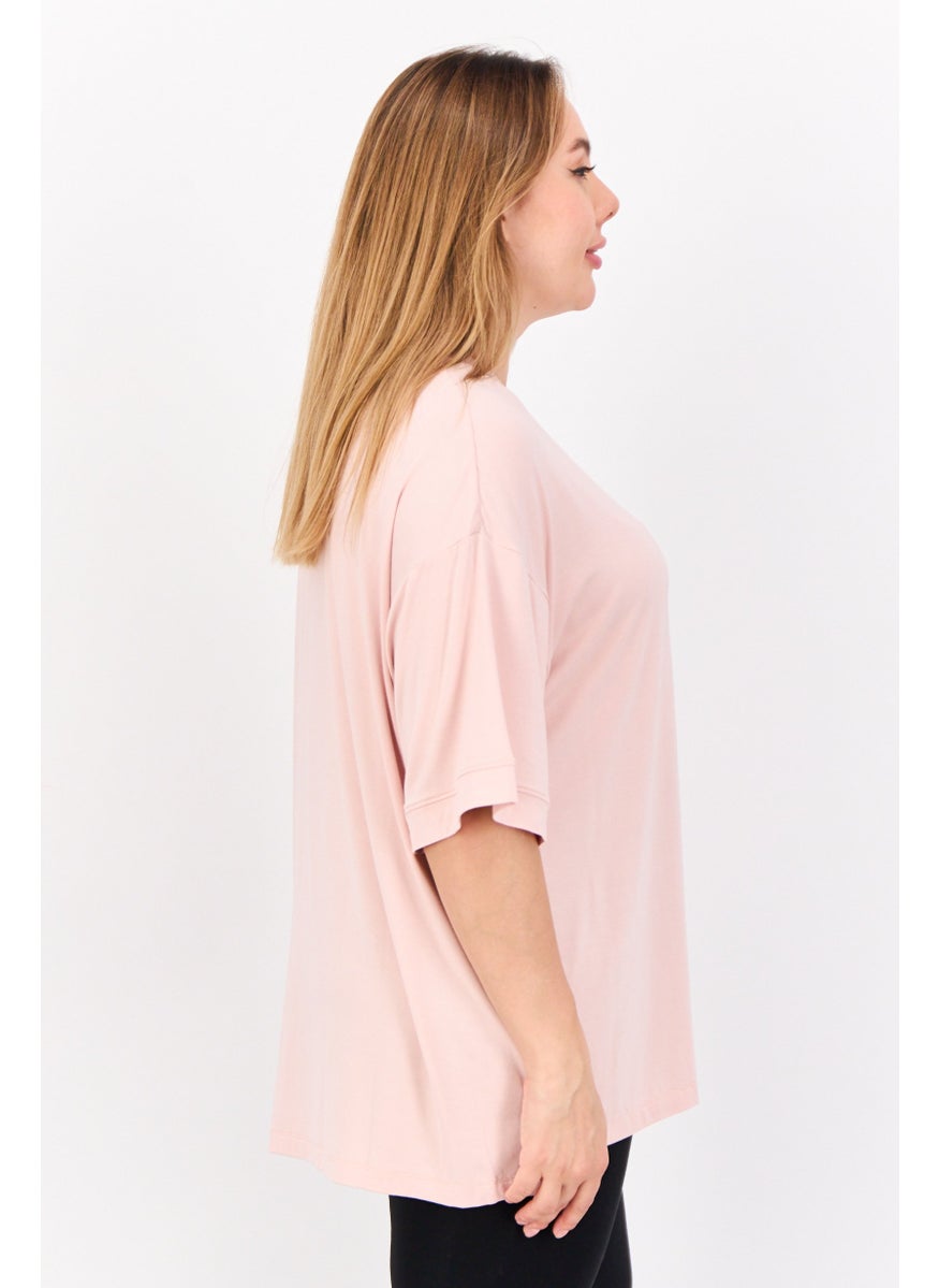 TRIBE OF 6 - Women Round Neck Shorts Sleeves Embroidered Logo T-Shirt, Pink - Image 1