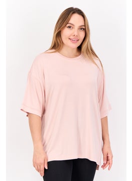 Women Round Neck Shorts Sleeves Embroidered Logo T-Shirt, Pink