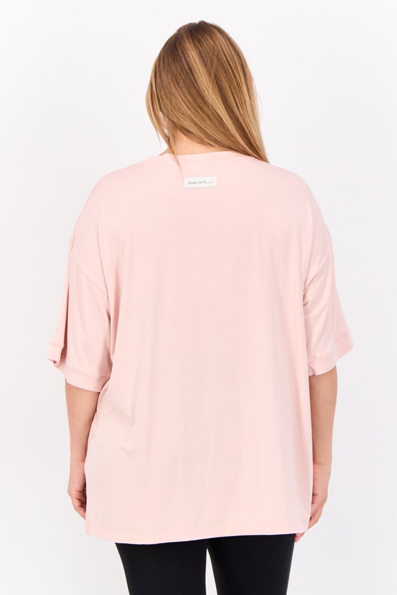 TRIBE OF 6 Women Round Neck Short Sleeves Embroidered Logo T-Shirt, Pink - Image 4