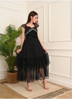 FULL JOY Long Crepe dress decorated with crystals from the chest and layers of tulle from the shoulder and waist,Black  - Image 2
