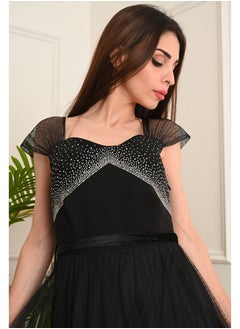 FULL JOY Long Crepe dress decorated with crystals from the chest and layers of tulle from the shoulder and waist,Black  - Image 5