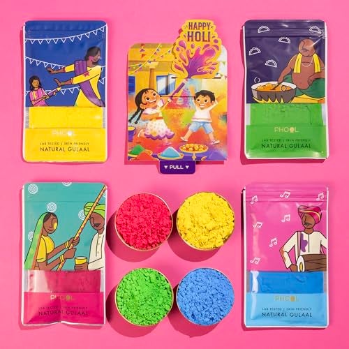 PHOOL LUXURY INCENSE عبوة حفلة هولي 4 قطع - ألوان وردي أزرق أخضر أصفر | 300 جرام جلال | لون عشبي وعضوي | شهادة أمان للبشرة | جلال للأطفال والعائلة مع بطاقة تهنئة تفاعلية - Image 3
