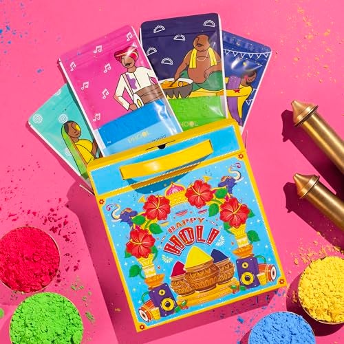 PHOOL LUXURY INCENSE عبوة حفلة هولي 4 قطع - ألوان وردي أزرق أخضر أصفر | 300 جرام جلال | لون عشبي وعضوي | شهادة أمان للبشرة | جلال للأطفال والعائلة مع بطاقة تهنئة تفاعلية - Image 4