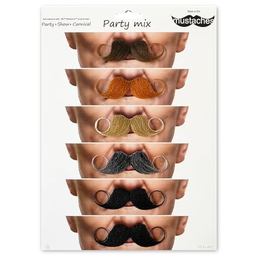Mustaches Self Adhesive Fake Mustache Mix Novelty False Facial Hair Value Pack 6pcs - Image 1
