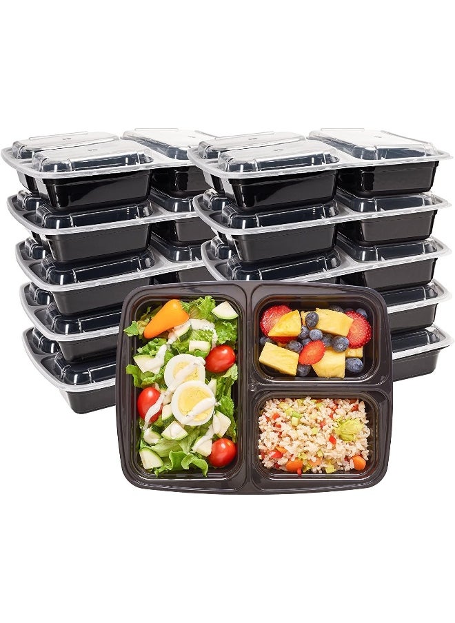 [20 Pack] 3 Section Black Base with Lids Food Storage Container