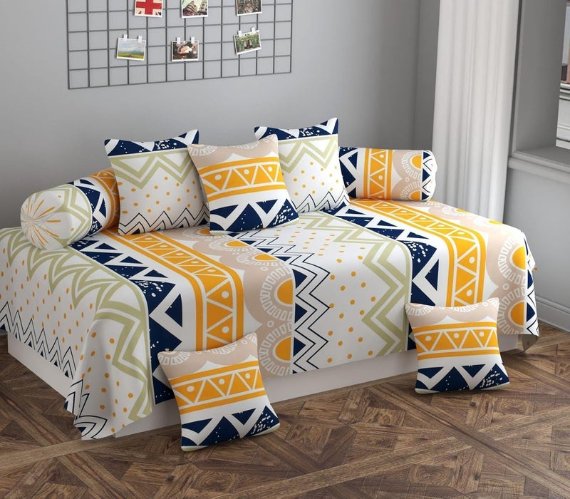 CLIDE+ Diwan Cover Glace Cotton Premium Cloth Quality Designer Printed 8 Pieces Standard Diwan Set (1 Single Bedsheet, 2 Bolster Covers, 5 Cushion Covers) (DIWAN - 27) - Image 1