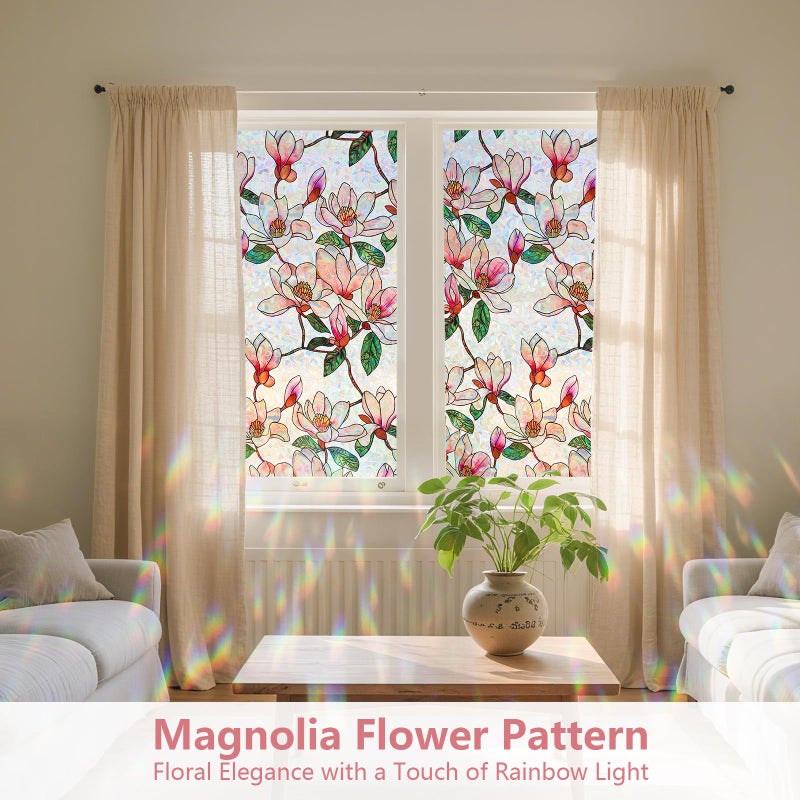 Kromapolis Window Privacy Film, Stained Glass Sticker Floral Window Clings, Decorative Static Clings UV Blocking Colorful Decals, Removable Vinyl Covering Rainbow Magnolia Flowers, 17.5'' x 78.7'' - Image 2