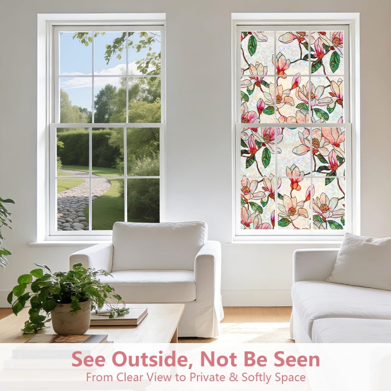 Kromapolis Window Privacy Film, Stained Glass Sticker Floral Window Clings, Decorative Static Clings UV Blocking Colorful Decals, Removable Vinyl Covering Rainbow Magnolia Flowers, 17.5'' x 78.7'' - Image 4