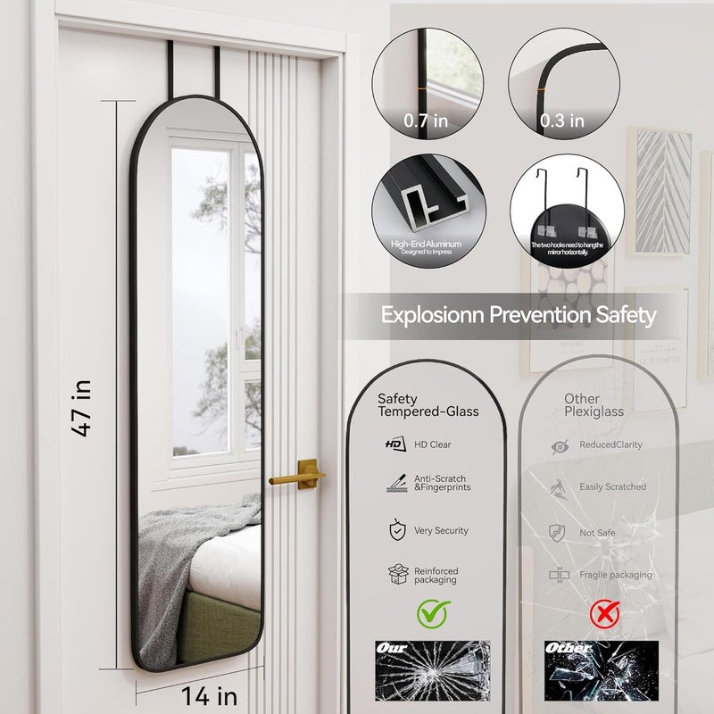 SCWF-GZ 47x14 Mirror Full Body Length Door Hanging Rope Hang Wall Mounted Metal Frame Arch Mirrors for Bedroom Bathroom Dressing Living Room 47 14 inch Black - Image 2