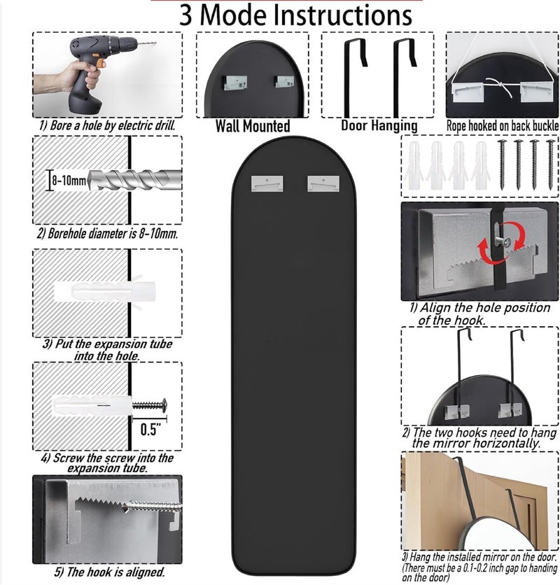 SCWF-GZ 47x14 Mirror Full Body Length Door Hanging Rope Hang Wall Mounted Metal Frame Arch Mirrors for Bedroom Bathroom Dressing Living Room 47 14 inch Black - Image 4