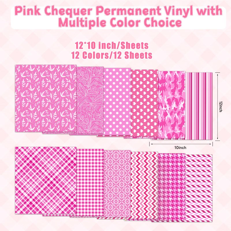 Tintnut Plaid Pattern Permanent Vinyl - 12 Sheets 12"x10" Pink Plaid Patterned Permanent Adhesive Vinyl for Cutting Machine,Home Decor Self Sticker - Image 2