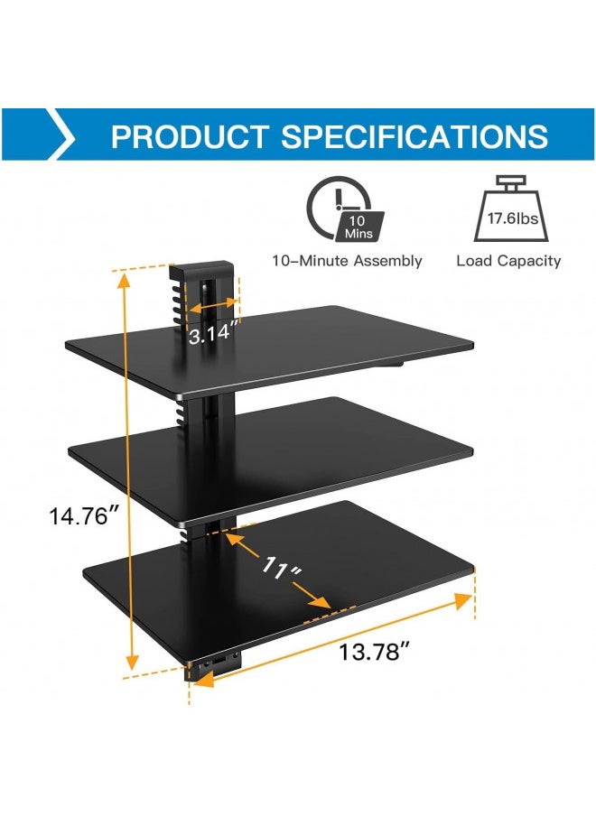 PERLESMITH Floating Wall Mounted Shelf AV Mount Shelf - Holds up to 17.6lbs - DVD DVR Component Shelf with Strengthened Tempered Glass - Perfect for DVD Players, TV Box and Cable Box, PSDSK3