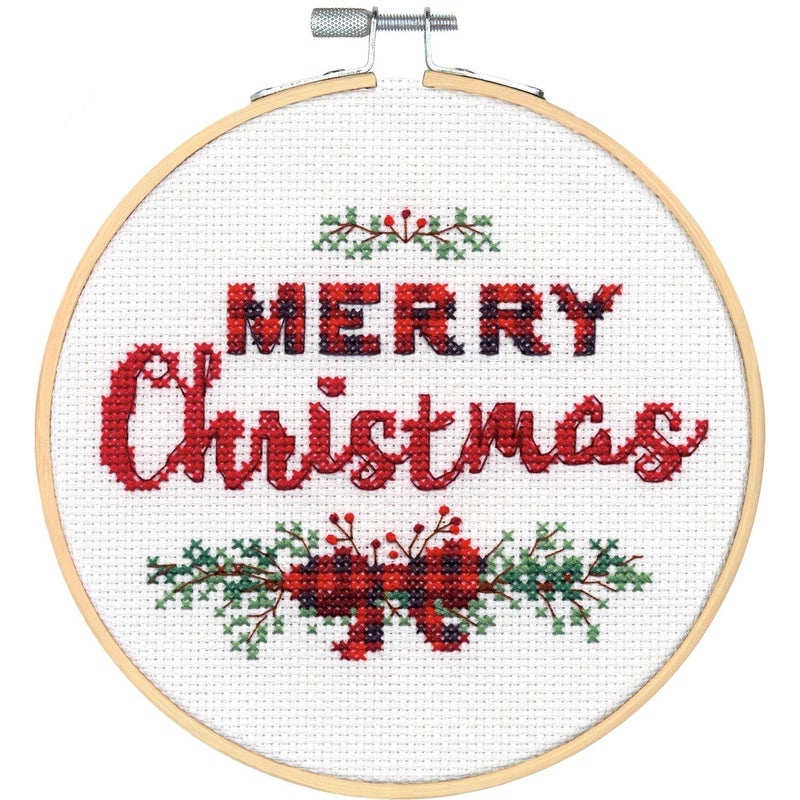 Dimensions Kit Merry Christmas Cross Stitch White 14 Count Aida 6 Embroidery Hoop